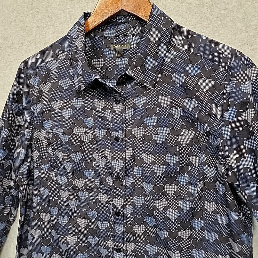 TALBOTS Heart Print Button Up Shirt‎ Long Sleeve Blue And Black Women's Size M